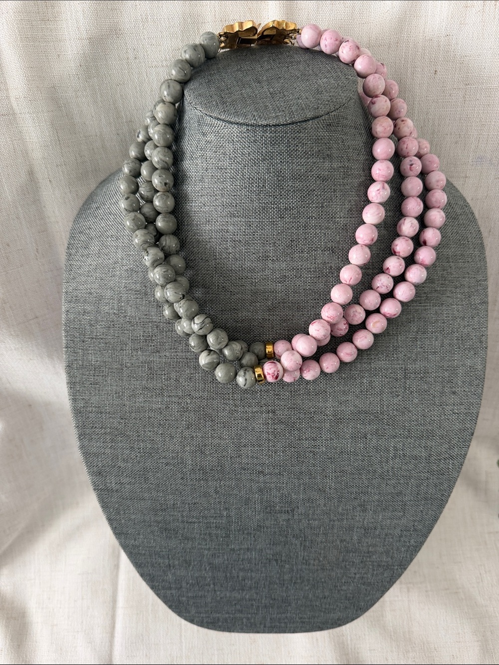 Dual-Strand Pink and Gray Beaded Necklace with Gold Accents